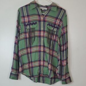 Cierra Lauren Plaid Fringe Embroidered Flannel Size Large Big Back Patch